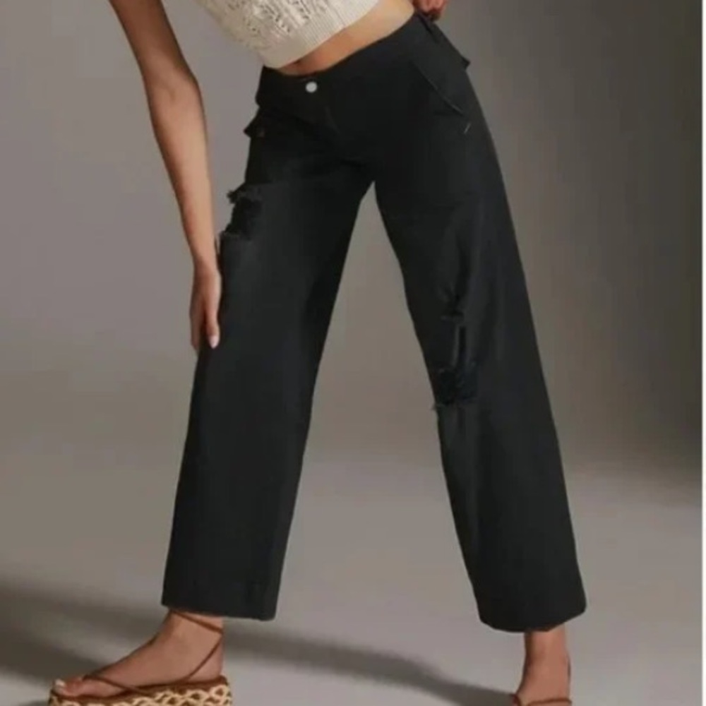 Anthropologie Pilcro Low Rise Relaxed Fit Distressed Wide Leg Trousers Black 30